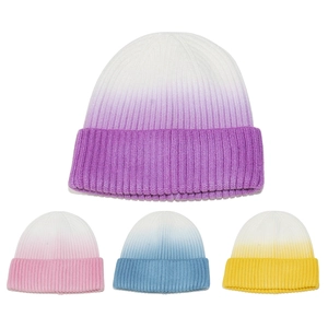 Women Tie Dye Ombre Knitted Beanie Hat Acrylic Ribbed Folded Cuff Winter Warm Casual Fashion Cap