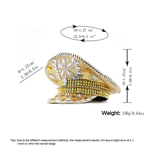 Golden sequin captain hat with rhinestones and studs, technical size specifications view