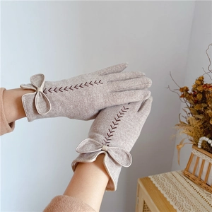 Elegante warme Wollhandschuhe für Damen mit Schleife und Weizenstickerei für den Winter