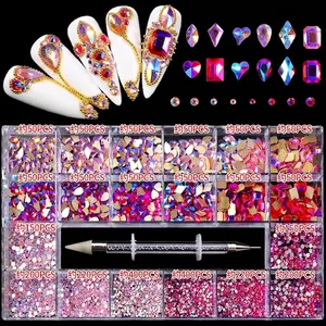 21-grid nail art rhinestones set with multi-shape AB crystals and dual-ended dotting tool