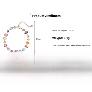 Detailed view of colorful zircon bracelet with dimensions 16cm plus 7cm extender