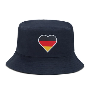 Close-up of heart-shaped Germany flag print on navy blue cotton bucket hat with stitching