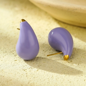Minimalist purple water drop stud earrings with polished enamel and gold plating