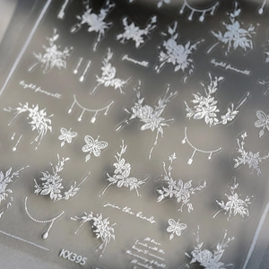 Elegant 5D embossed nail stickers featuring white lace flowers and pearl designs KX395