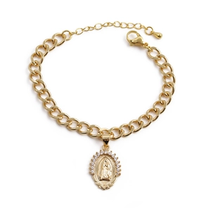 Gold-plated copper curb chain bracelet with zircon-studded Virgin Mary pendant