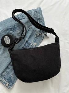 Japanese style black corduroy crossbody dumpling bag with adjustable strap and coin purse