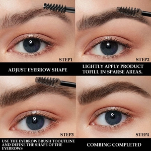 Four-step guide showing how to use the eyebrow brush to shape and define brows