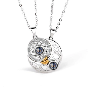 Magnetic sun and moon couple necklace set with 100 languages projection stone in silver
