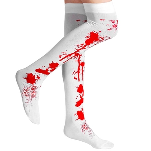 Detail of Halloween white thigh-high stockings featuring realistic red blood splatter patterns