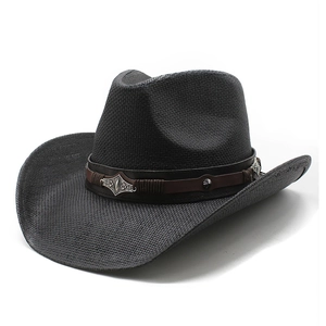 Western Cowboy Straw Hat With Leather Band Wide Brim Sun Protection Vintage Beach Summer Hat For Women Men