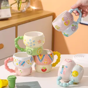 Ceramic Mug Creative Gourd Shape With Beaded Handle Hand Painted Relief Fruit Patterns Cute Breakfast Coffee Cup