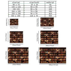 Size guide for bookshelf wall tapestry showing multiple dimensions from 95x73 to 300x180 cm