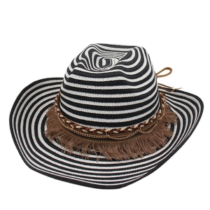 Ethnic wide brim striped straw cowboy hat with fringe tassel and gold chain decor
