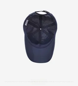 Detailed interior view of navy cotton baseball cap with mesh lining and white wash label