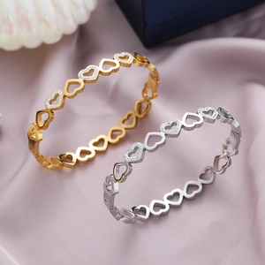 Stainless Steel Rhinestone Bangle Bracelet Hollow Heart Shape Heart To Heart Buckle For Women Elegant Chic Jewelry Gift
