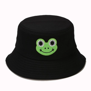 Unisex black cotton bucket hat with cute green frog embroidery for summer sun protection