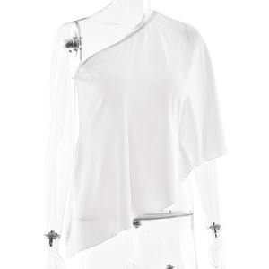 Detail of white one-shoulder chiffon top with an asymmetric hem and loose fit