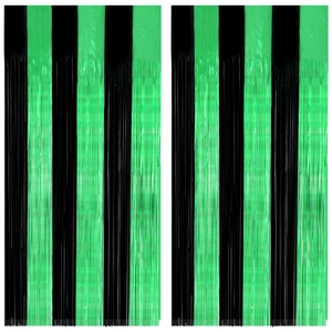 St. Patrick's Day fringe curtain backdrop in shimmering black and green metallic foil