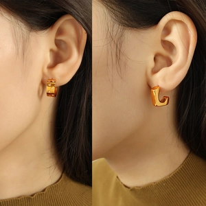Minimalist 18k gold plated geometric C-shape earrings and star-patterned zircon hoop set
