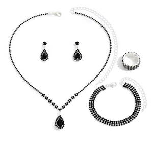 Elegant 4-piece jewelry set with black teardrop rhinestones on silver-plated metal