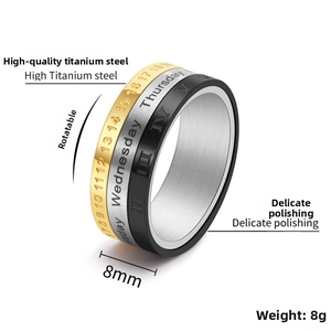 Detailed close-up of a rotating tri-color titanium steel ring with calendar engraving