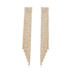 Elegant gold drop earrings with tiered crystal tassels shown on white background