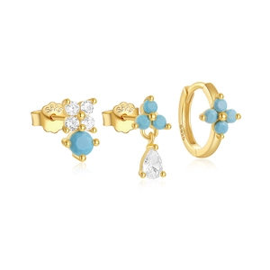 Detailed set of S925 sterling silver earrings with turquoise and zircon in gold finish