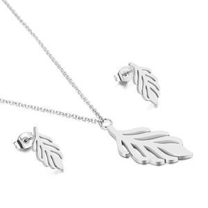 Minimalist silver hollow leaf necklace and earrings set in polished stainless steel