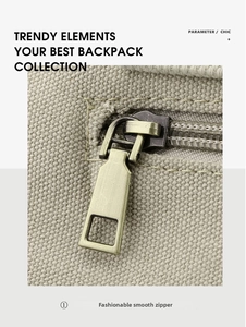 Close-up of durable bronze zipper hardware on premium thick canvas shoulder bag fabric