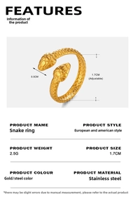Detail showing the adjustable gold snake ring with fine textures and size specifications