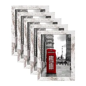 Set of 5 distressed white wood frames with London street art photography for wall decor
