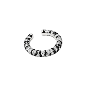 French vintage striped open ring with black and white zircon stones in silver finish