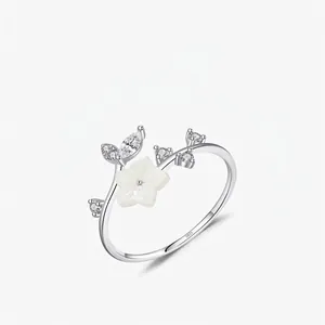 Camellia Flower Adjustable Ring 925 Sterling Silver White Shell Zirconia Leaf Branch Design Fresh Jewelry For Women