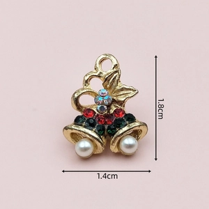 Golden Christmas bell pendant with red green rhinestones and white pearls 1.8x1.4cm