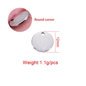 Polished stainless steel round flower charm pendant with 12mm diameter and engraved floral design