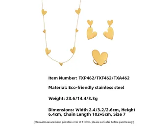 Detail view of heart-shaped stainless steel jewelry set with exact size measurements