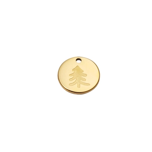 Detail of 18K gold-plated stainless steel round pendant with etched Christmas tree design