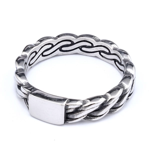 Vintage Celtic Norse silver steel ring with woven rope pattern and rectangular flat top