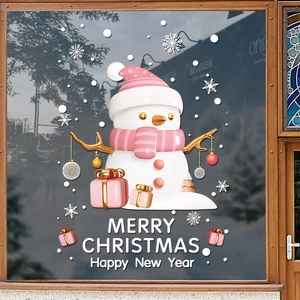 3D Christmas snowman window decals with pink gift boxes and golden snowflakes