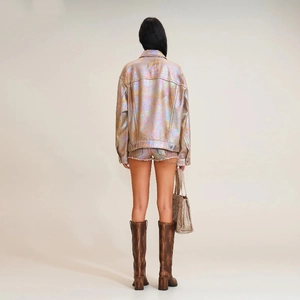 Holographic oversized denim jacket set with shimmering iridescent finish and rhinestone accents