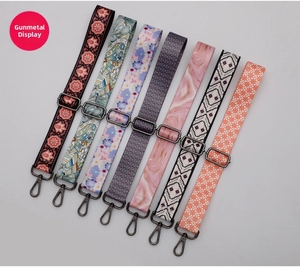 Detail of adjustable ethnic style bag straps with gunmetal grey buckles in various patterns