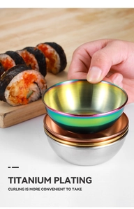 Close-up of titanium plated stainless steel sauce dishes in gold, rose gold and silver