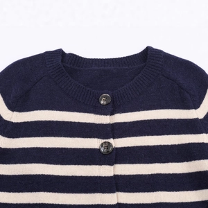 Navy and cream striped knit cardigan with round neck and dark buttons, front view