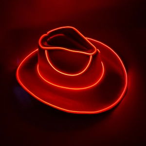 Detail of red LED glowing cowboy hat with fiber optic lines for party and festival