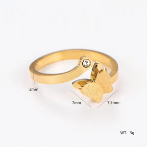 Frosted gold stainless steel open ring with 3D butterfly design and zircon stone
