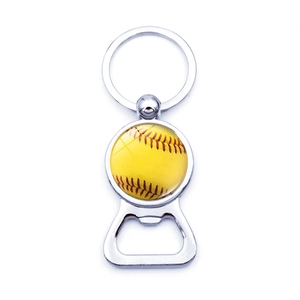 Baseball pattern metal beer bottle opener keychain with a silver metallic finish