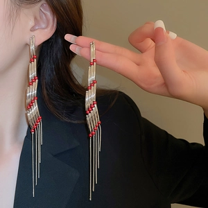 Long rectangle tassel earrings with silver lines and red beads shown on model side view
