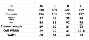 Detailed size chart showing measurements for the knit long-sleeve flare maxi dress