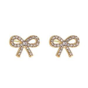 Sparkling 18K gold-plated bow earrings with clear rhinestones in a symmetric view