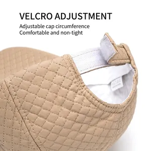 Quilted khaki PU leather baseball cap with adjustable velcro strap for a perfect fit
